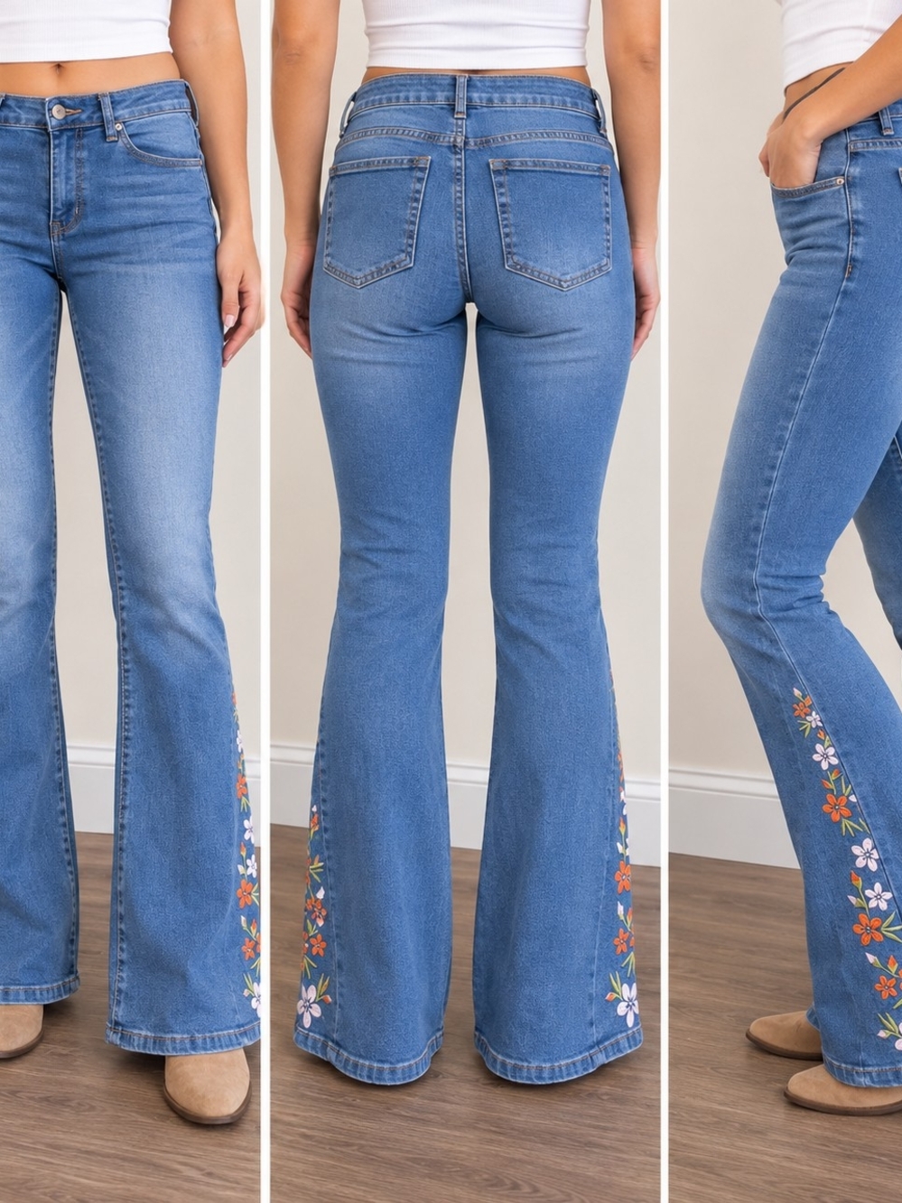Harper Heritage Floral Embroidered Flare Jeans Boho Bell Bottom Denim